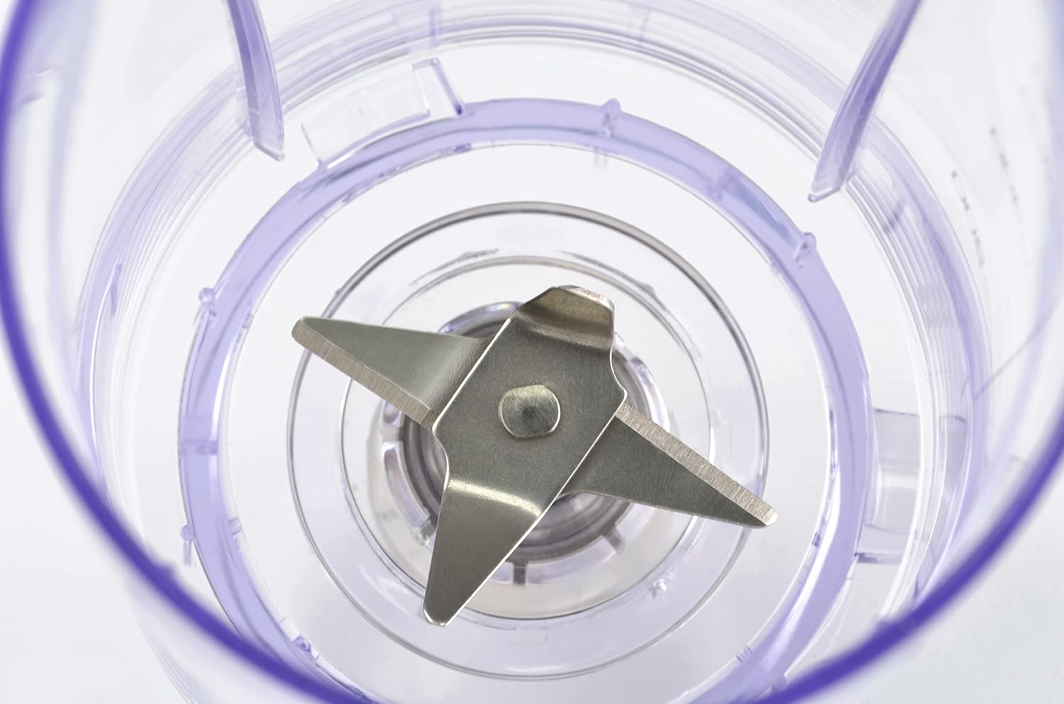 Close-up of the stainless steel blade assembly inside the blending cup
