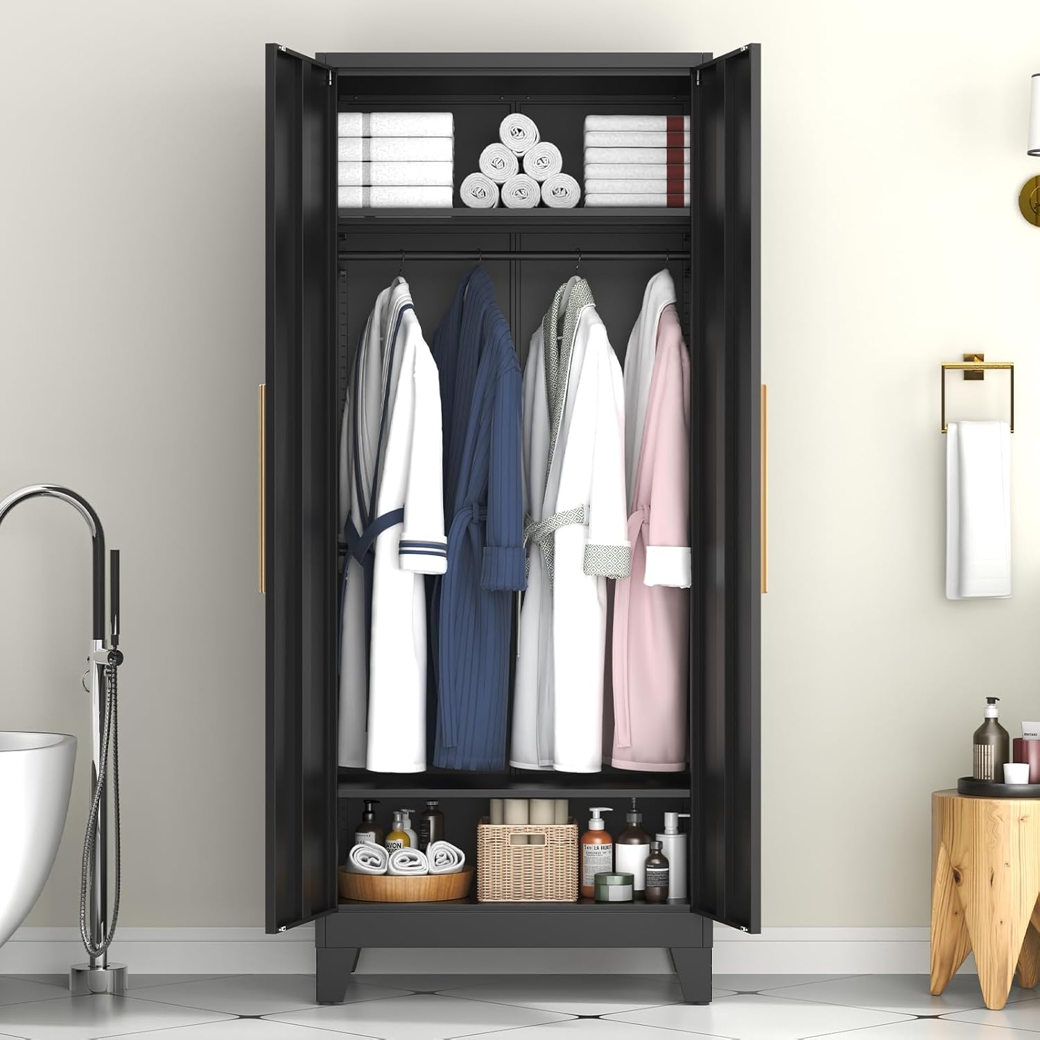 75.3" Tall Metal Armoire Wardrobe Closet with 2 Doors, Adjustable Hanging Rod & 2 Adjustable Shelves, Freestanding Storage Cabinet Organizer for Bedroom, Office, Laundry Room, Black