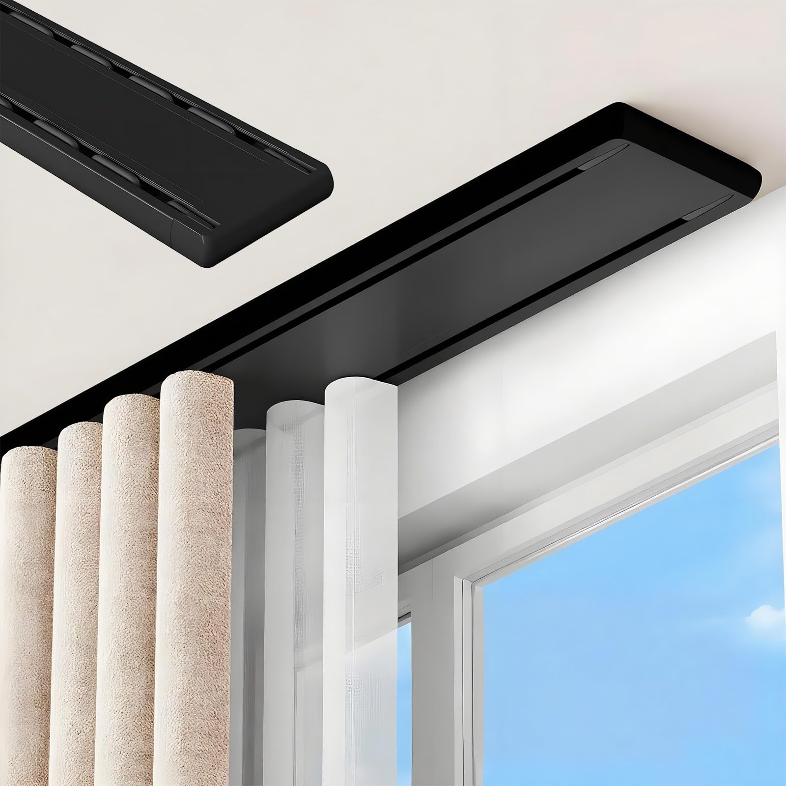 Karnisz dwutorowy wytrzymały, czarny aluminiowy karnisz do przegród pokojowych/sypialni/regulowany 100-420 cm (200 cm) - i wszechstronny