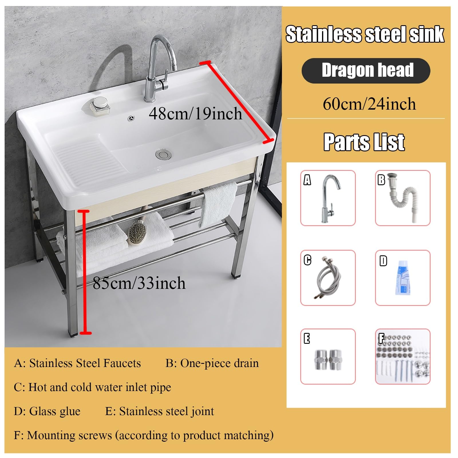 Fregadero utilitario de Acero Inoxidable - Lavabo de Porcelana Independiente de un Solo Seno con Patas de Metal para restaurantes, cocinas, lavaderos y Uso Exterior.