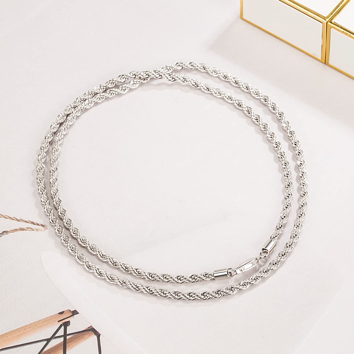 Dankadi Collier à Corde Fin 3MM pour Pendentif en 925 Argent, Chaîne Tressée à Maille Enrouler Plaqué Or 16"-30" (40-76CM) Design Italien Cadeau Bijoux Fête Anniversaire pour Homme Femme