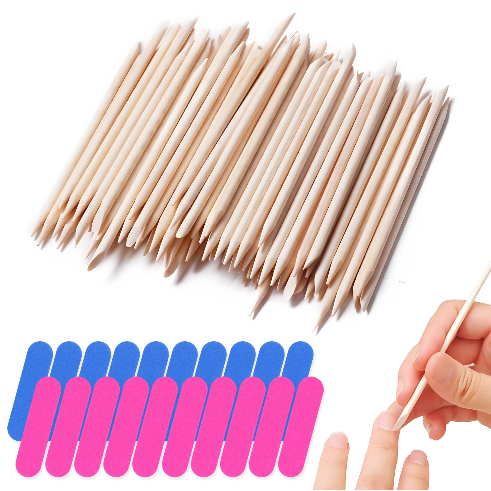 200 Pcs Bâtonnets Cuticules en Bois D'oranger, Bâtons de Bois Orange Stick, Pousse Cuticules, avec Lime a Ongle, pour Manucure, Poussoir Supprimer