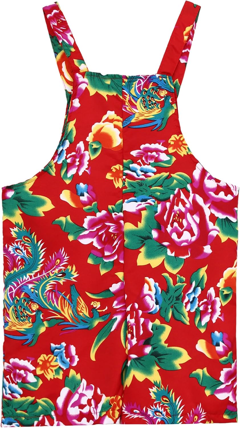 Kids Wide Leg Bib Bright Floral Pattern Pants Overalls Loose Suspenders Adjustable Strap