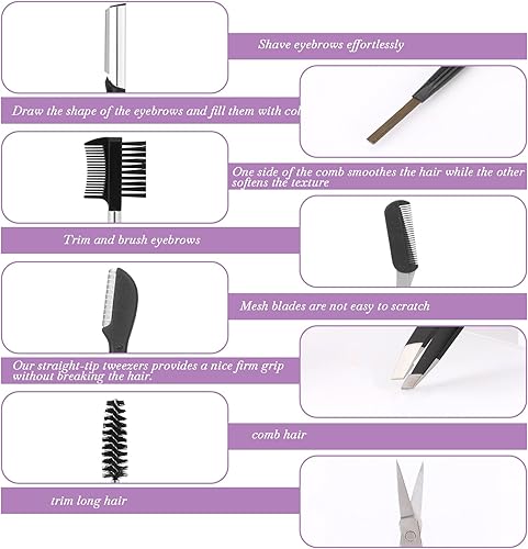 Miniatura 3 de Kit profesional de modelado de cejas, juego de 8 piezas con bolsa de cuero, maquinilla de afeitar, tijeras, cepillo para mujeres y hombres