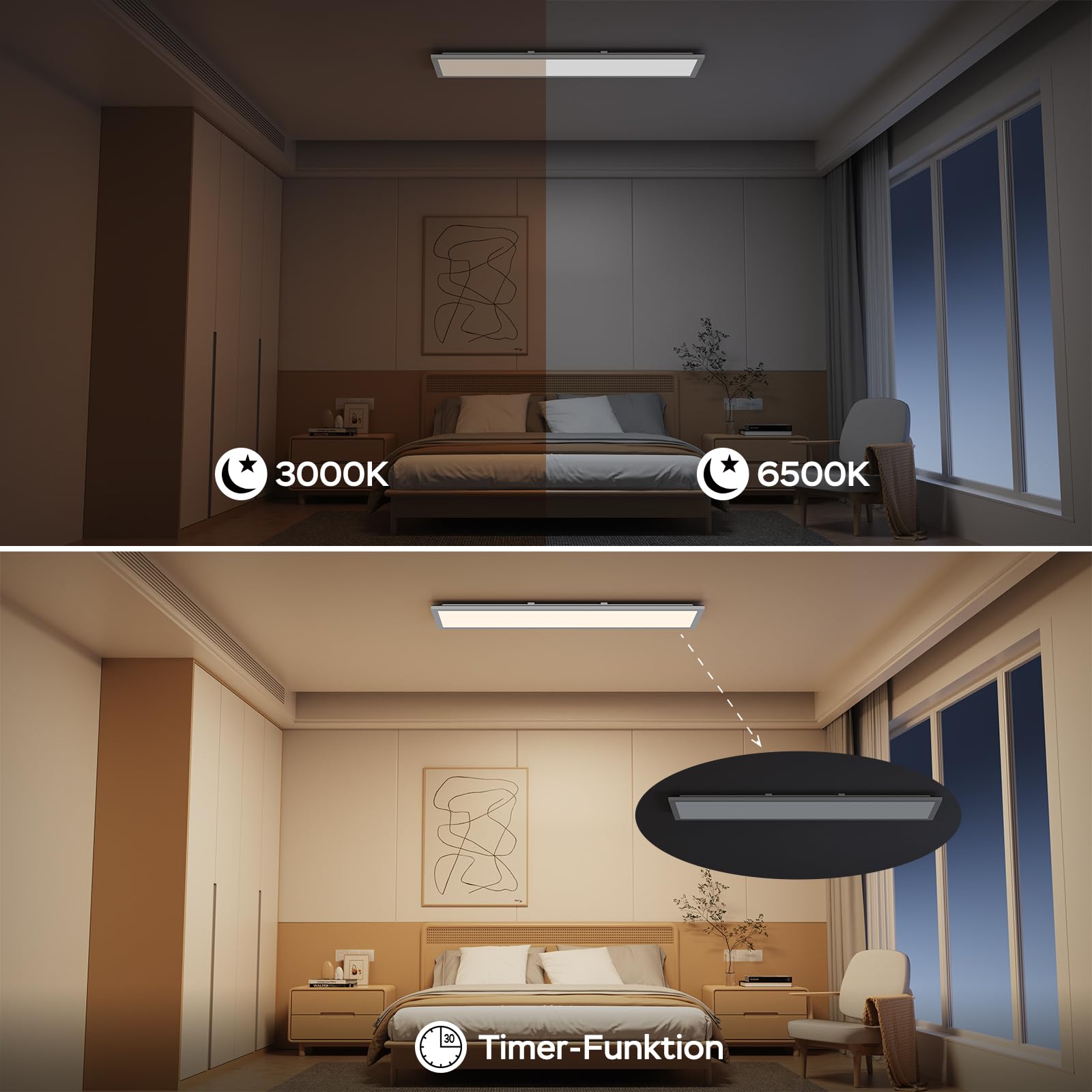 LED Panel Deckenleuchte 100x25cm, 3000-6500K Deckenleuchte Dimmbar, 30W Deckenlampe Lang Flach mit Fernbedienung Nachtlicht Memory-Funktion für Wohnzimmer Schlafzimmer Badezimmer Büro küche