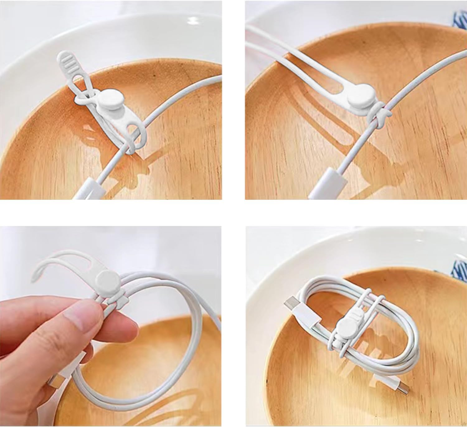 TENOC Silicone Cable Ties 10 Pcs White Reusable Cable Holder Elastic Cord Straps Flexible Wire Organizer for Phone Tablet Charging Cable and Headset or Others