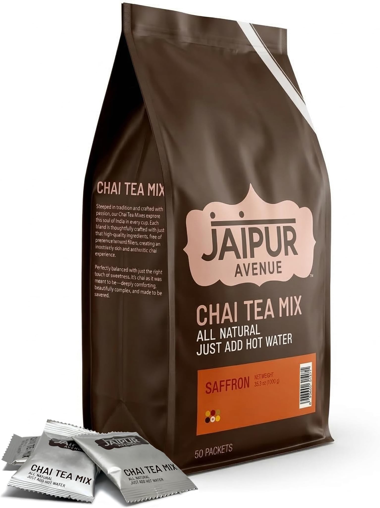 Jaipur Avenue Safron Chai Tea Mix Crafted with All-Natural Assam Black Tea, Safron, Cane Sugar, and Premium Dry Milk - Preservative-Free, Gluten-Free, Authentic Indian Chai Latte (50-Count Bag)