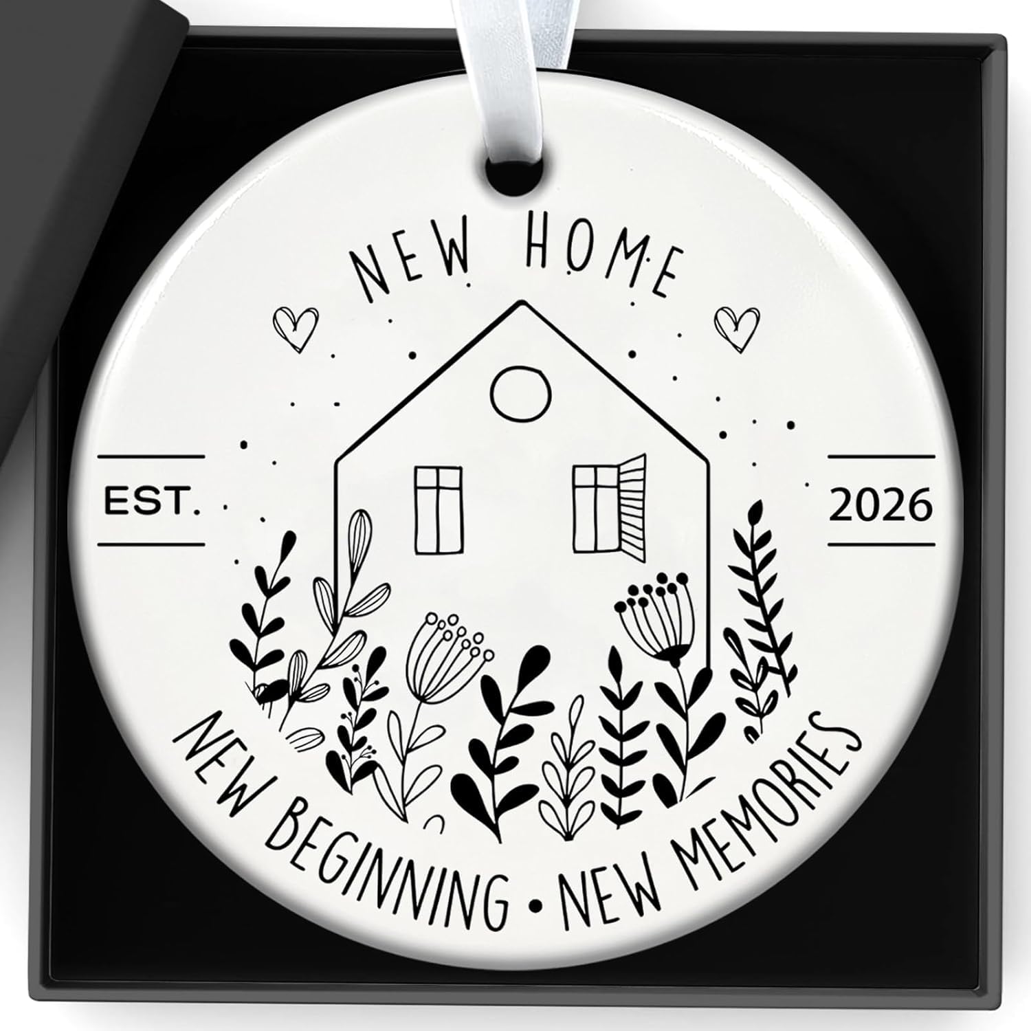 Minwegi White New Home Gifts, Acrylic Round Hanging Ornament For Housewarming, Home Decor With Elegant Gift Box, Symbolic House & Plant Design, Perfect Moving In Present