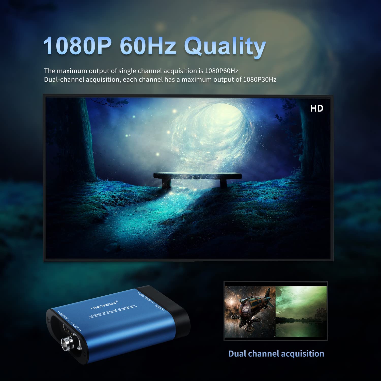 1080P Dual Input Capture Card - HDMI to USB 3.0 Video Capture Device, 60fps UVC YUV422 Plug and Play HD Video Grabber for Game Recording and Live Streaming - No Drivers Required