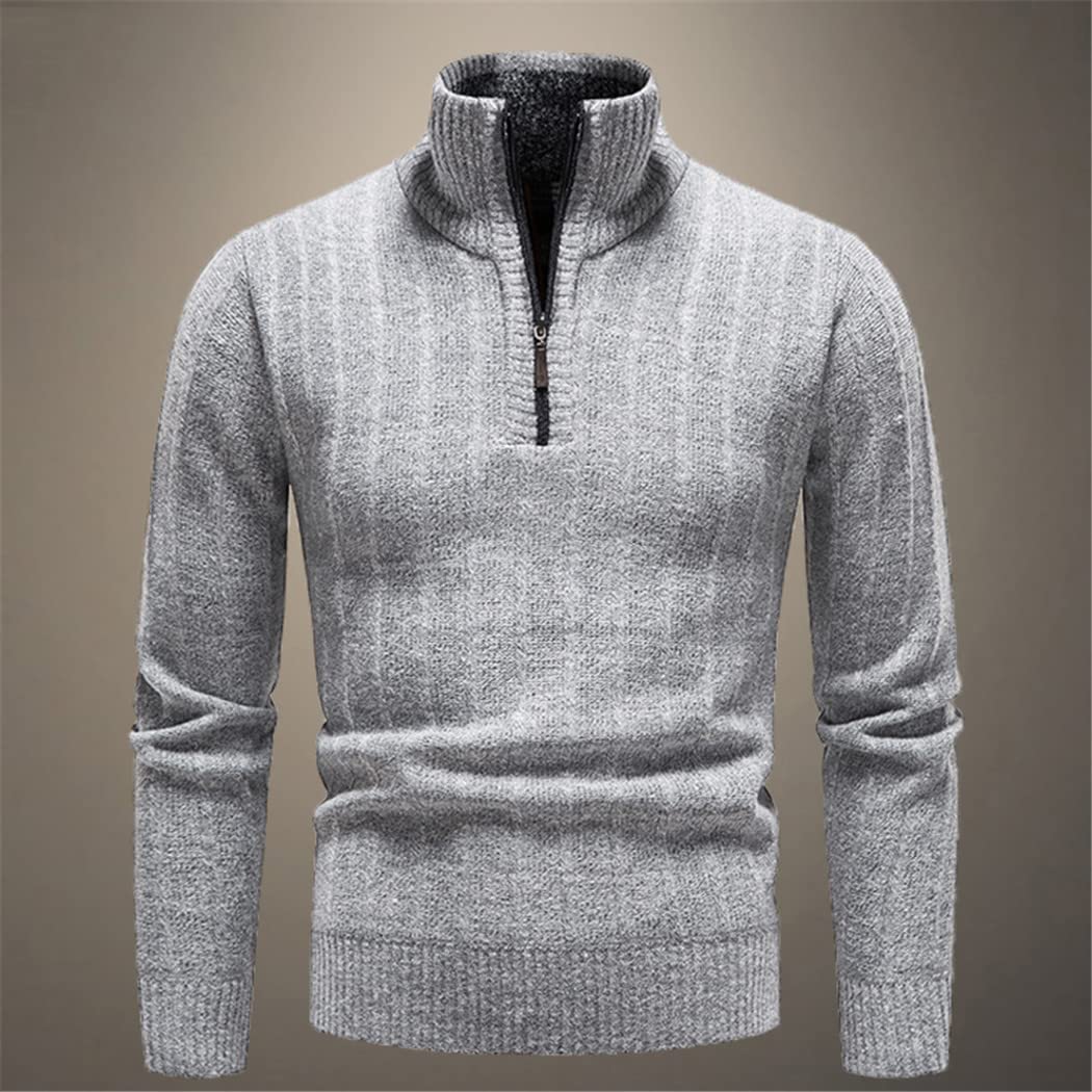 Winter Herren Fleece Dicker Pullover Halber Reißverschluss Rollkragen Warm Pullover Slim Strickpullover, Dunkelgrau 9, Large