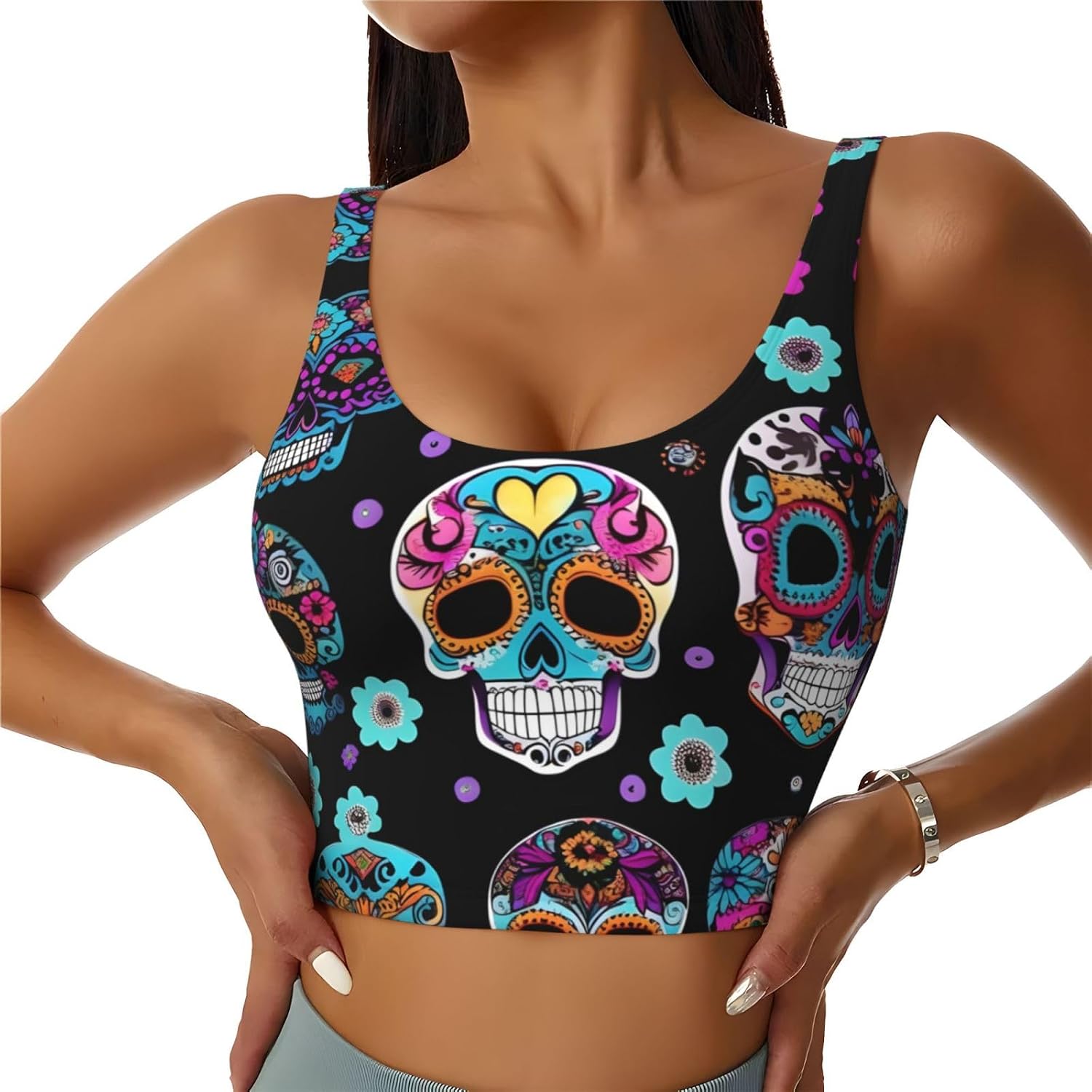 Sugar Skull Print Women'S Sports Bra Tank Tops,Longline Sports Bras For Yoga,Workout And Running