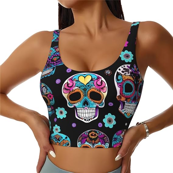 Sugar Skull Print Women'S Sports Bra Tank Tops,Longline Sports Bras For Yoga,Workout And Running