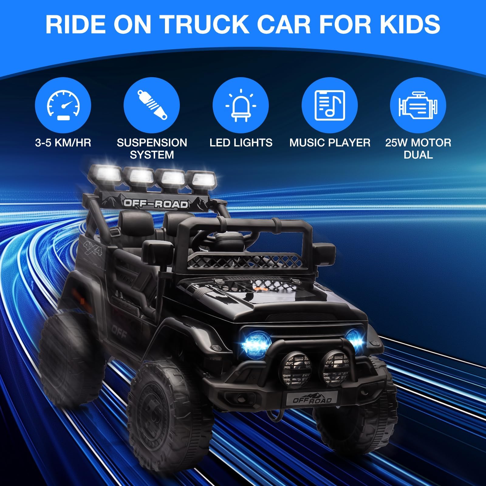 Zstar Coche Eléctrico Infantil de 12V, con Mando Remoto 2,4G Vehículo Jeep Off-Road con Mando Remoto, Lucas LED y Sonido, para Niños 3-6 Años, Regalo Juguete, Negro 102 × 66 × 65 cm