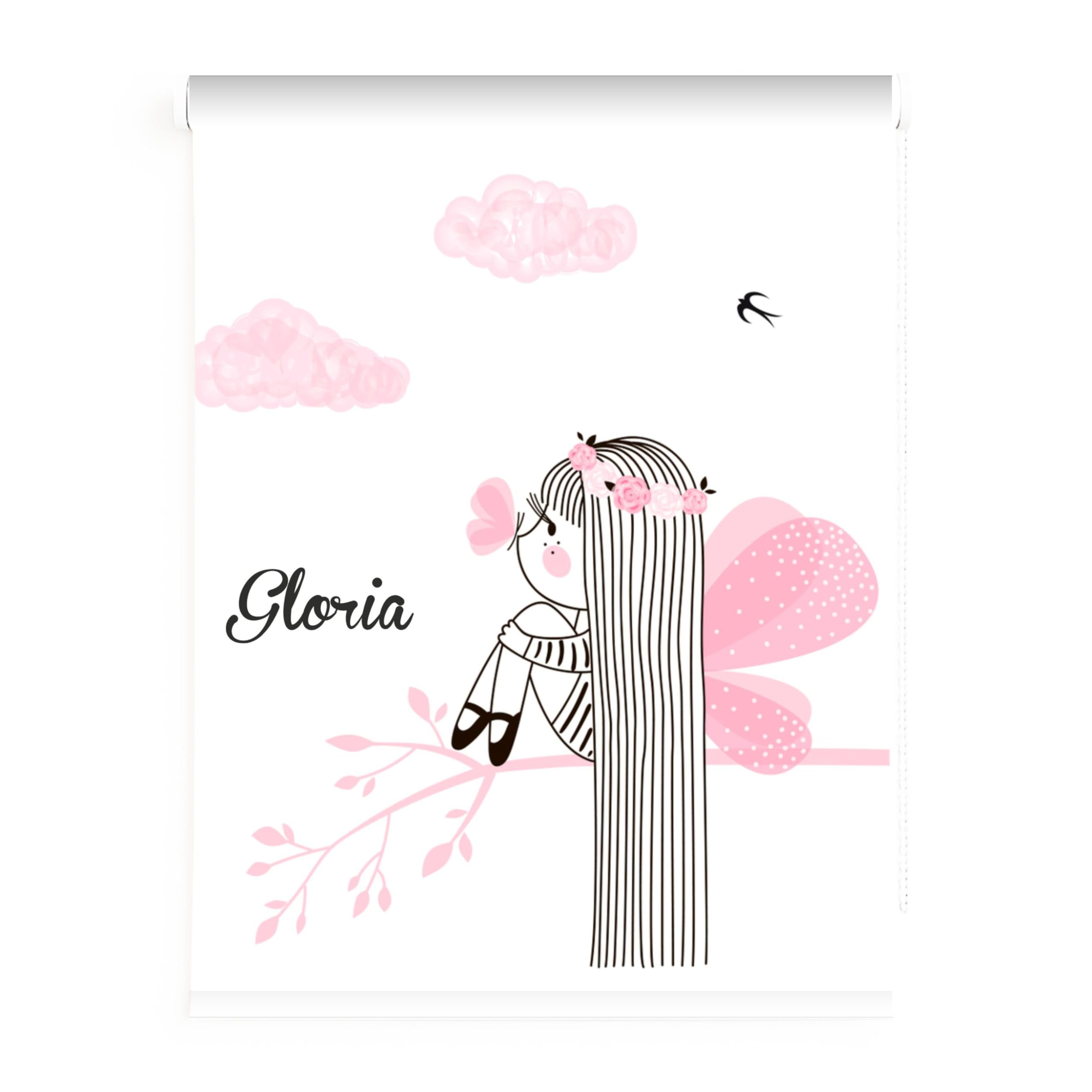 Estor enrollable infantil niña personalizado con nombre | Hada en nubes rosa para niña | Cortina enrollable translúcida premium | Habitación bebé o juvenil chicas (40x60)