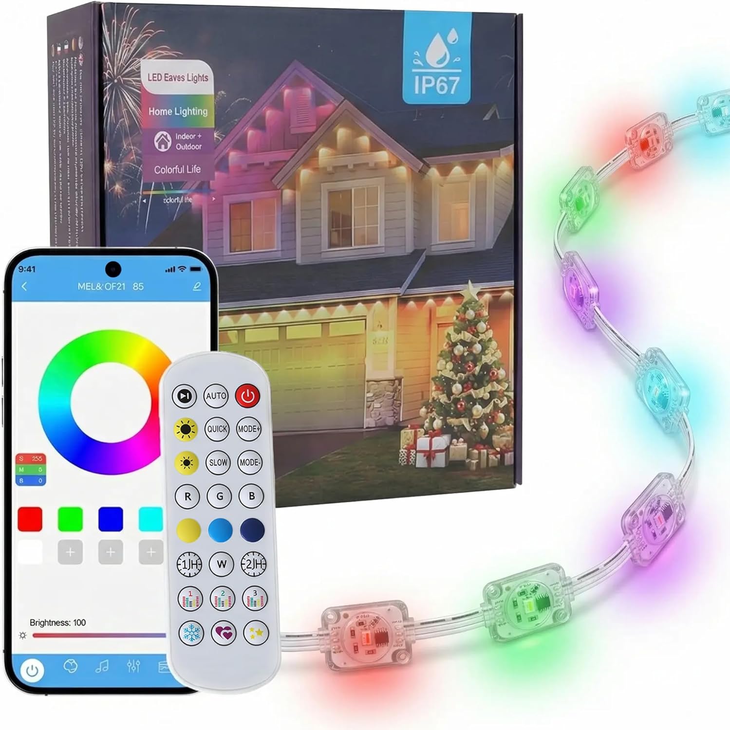 Permanent Outdoor Lights, IP67 Waterproof RGB+IC Smart Eaves Lights, 100ft House Exterior Lights for Year-Round Decor, Works with Remote & App Timer for Christmas,Thanksgiving,Daily & Holiday Party