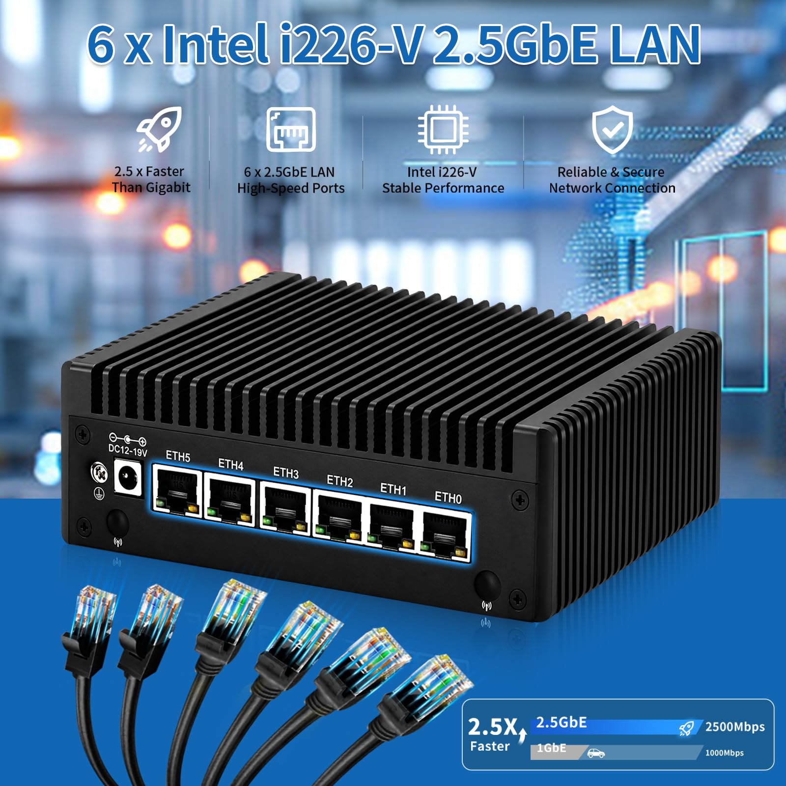 SJRC Lüfterlos Mini PC Firewall Appliance Hardware, i5-8250U, 6 x 2.5GbE i226-V, OPNsense Micro Computer Box, 16GB DDR3 RAM 256GB SSD, M.2 NVMe 3.0 x4, HD/DP/Type-C, AES-NI