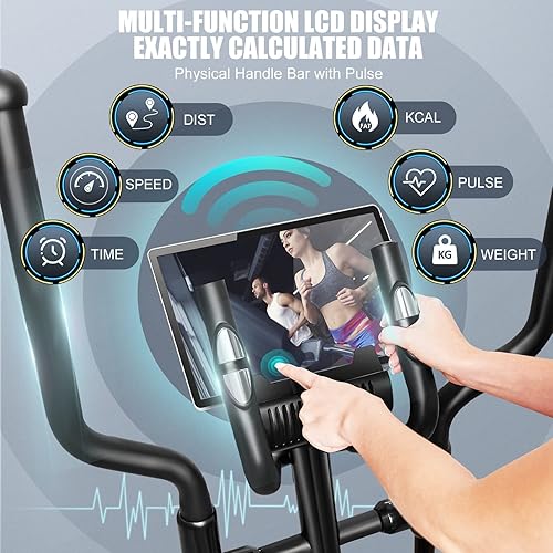 Miniatura 6 de FUNMILY Entrenadores elípticos eléctricos, máquina elíptica para uso doméstico, 16 niveles de resistencia, 13 programas de entrenamiento, agarres de