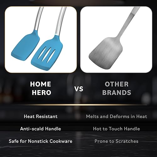 Miniatura 7 de Home Hero Juego de espátulas de silicona, espátula sólida de acero inoxidable y espátula ranurada, juego de utensilios de cocina antiadherentes sin