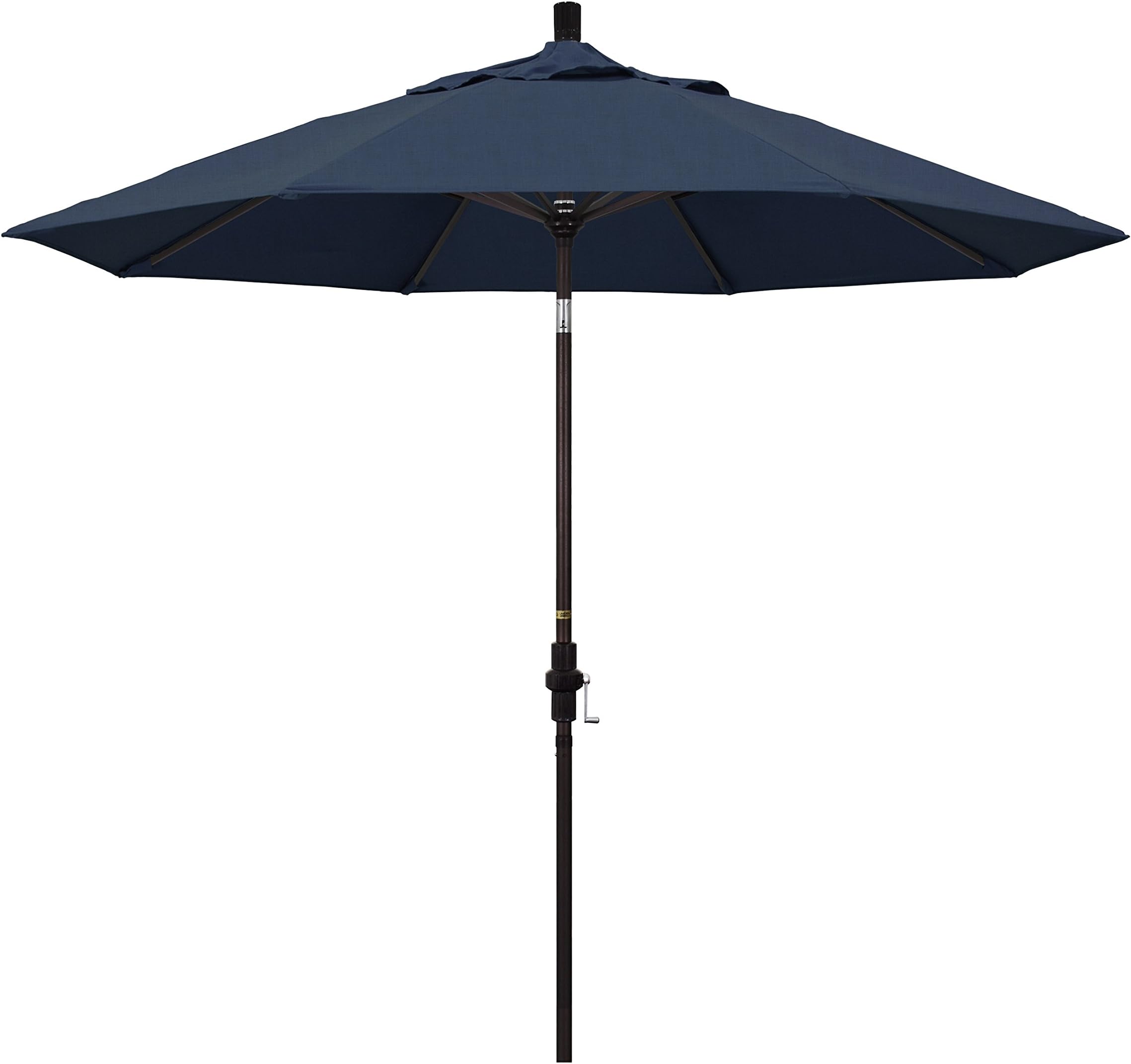 California Umbrella 9' Round Aluminum Market Umbrella, Crank Lift, Collar Tilt, Bronze Pole, Sunbrella Spectrum Indigo