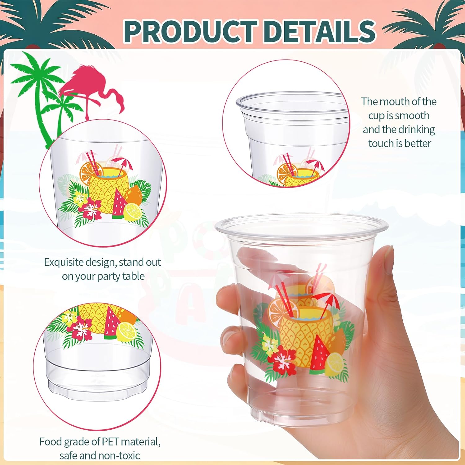 60 Pcs Beach Pool Party Plastic Cups with Straws 12 oz Summer Swimming Disposable Drinking Cups for Beach Pool Luau Holiday Party Favors
