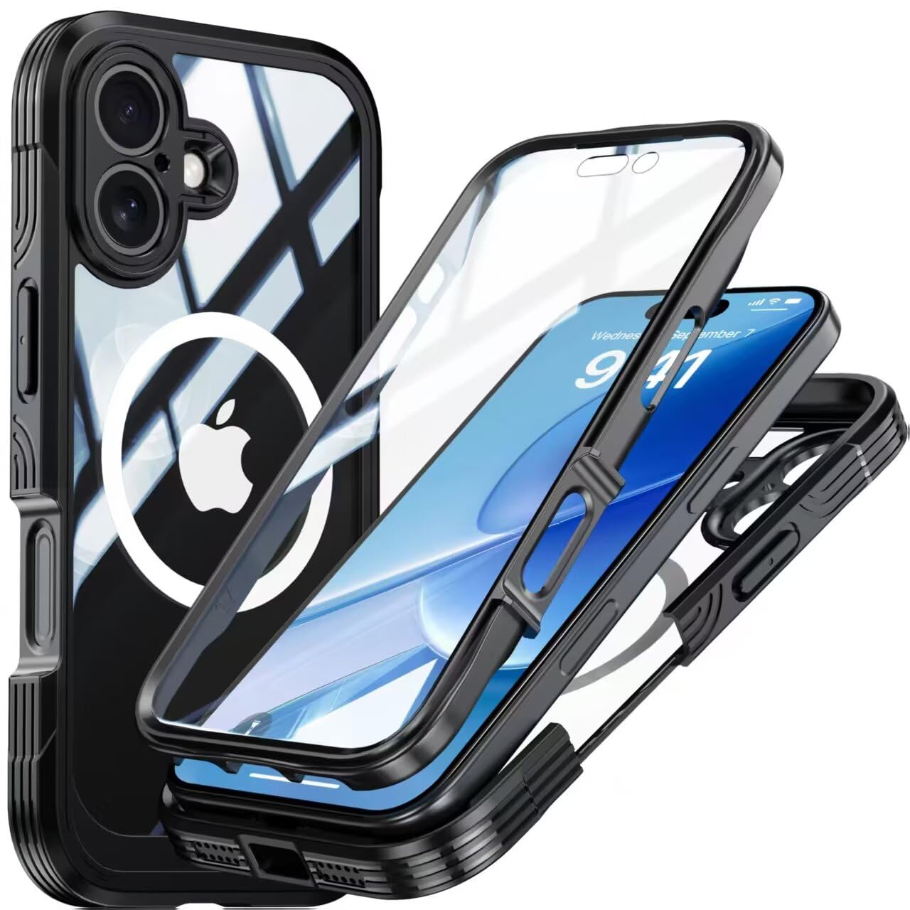 耐衝撃 360度全面保護 米軍用両面カバー iPhone17 用 ケース Magsafe対応 ガラスフィルム付き アウトドア 両面ケース 頑丈 滑り止め 前後 クリアカバー 防塵 防雪，ブラック