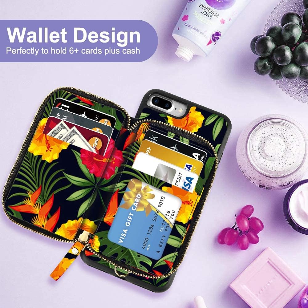 LAMEEKU iPhone 8 Plus Case Floral, iPhone 7 Plus Wallet Case, Floral Flower Design Zipper Leather Card Holder Case with Shockproof Protective Cover for iPhone 7 Plus/8 Plus 5.5''-Caesalpinia