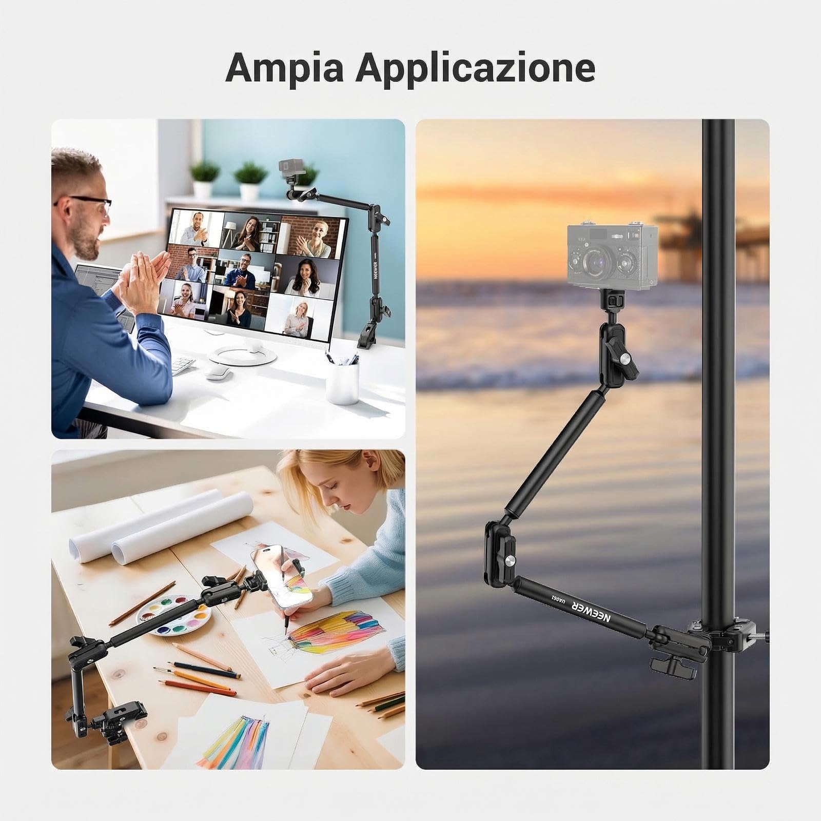 NEEWER BASICS 55cm Magic Arm da Scrivania con Super Clamp, Porta Telefono e Adattatore da 1/4" a 3/8", Braccio Microfono Supporto Overhead Accessori Fotografia per Mic ActionCam Webcam Luce LED, UA061