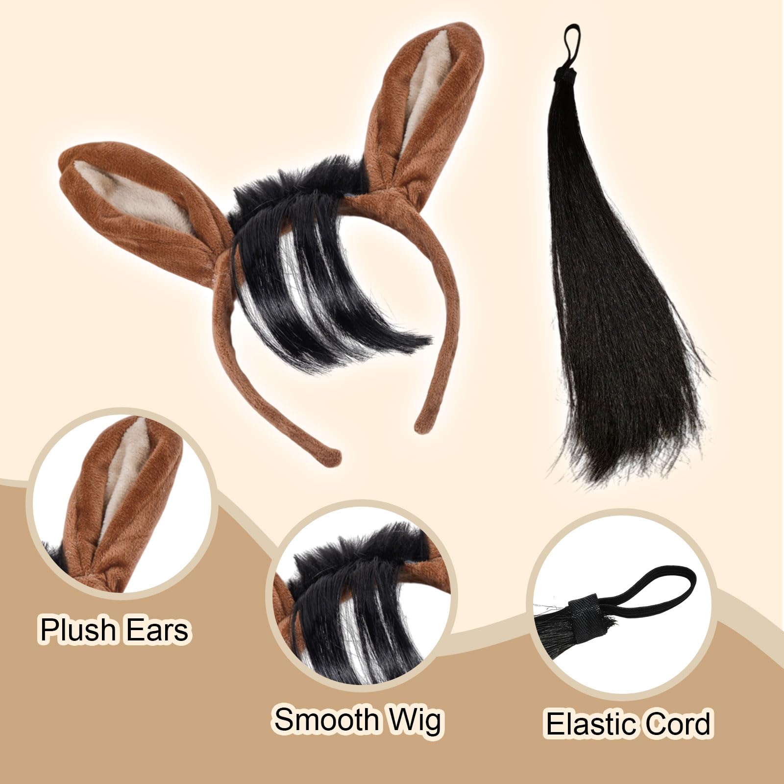 TUONYIS 4 Pcs Horse Ears on Head band and Tail Set, Farm Plush Donkey Cow Sheep Christmas Headband, Bull Horns Costume Set - Image 3