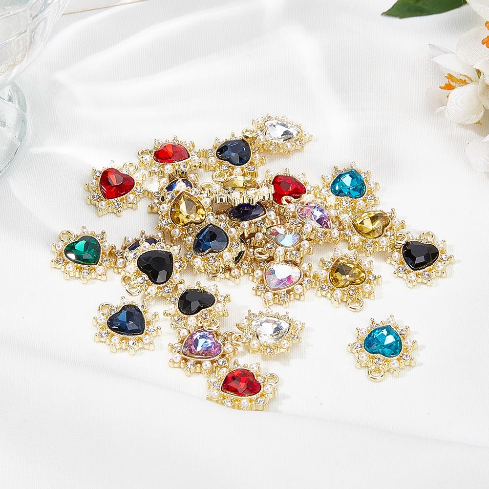 DELORIGIN 20Pcs 10 Color Zirconia Crystal Pendants Heart Rhinestone Charms Golden Alloy Hanging Pendants with Pearl Decoration for Valentine's Day Jewellery Making DIY Necklace Earring Bracelet - Image 4