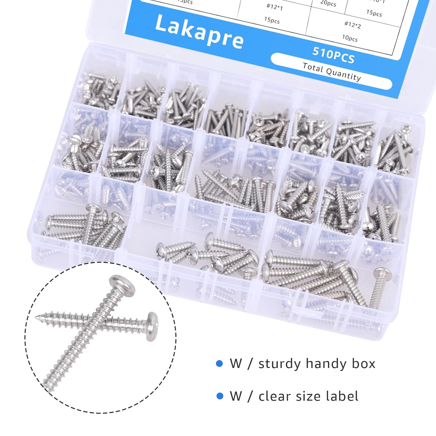 510Pcs Stainless Steel Wood Screws Assortment Kit - #4#6#8#10#12 Phillips Pan Head Sheet Metal Screws Self Tapping Screws Set, Length 3/8" to 1-1/2" Assorted Screws
