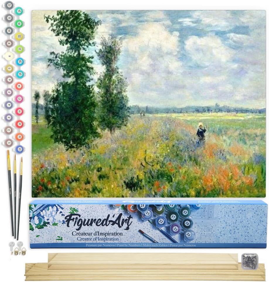 Figured'Art Paint by Numbers Kit for Adults Monet Field of Poppies 16"x20" - Craft Art Painting Rolled Canvas with DIY Wooden Frame