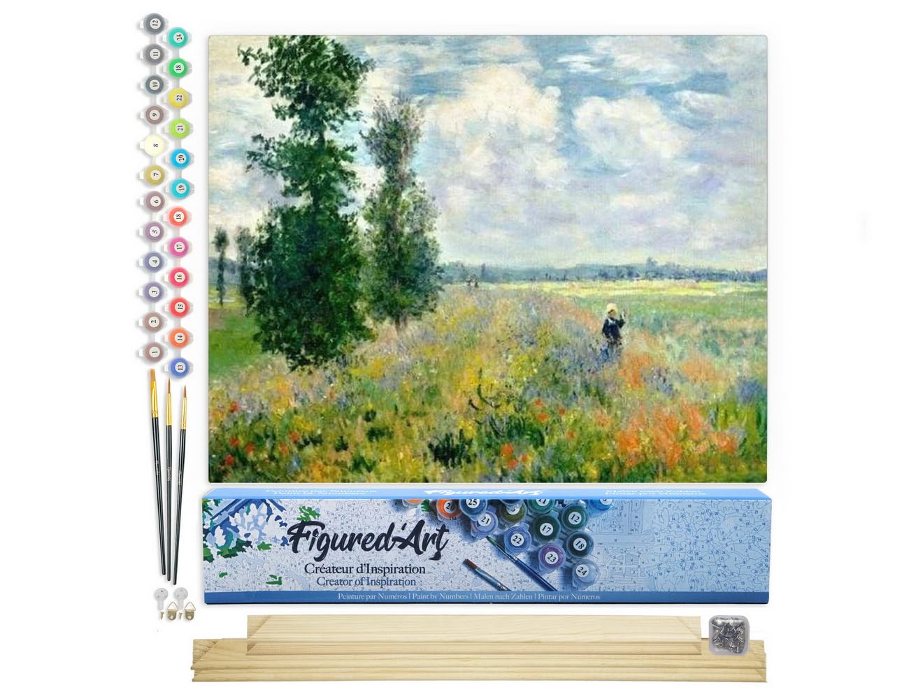 Figured'Art Schilderen op Nummer Volwassenen canvas Monet Veld met klaprozen - Handwerk acrylverf Kit DIY Compleet - 40x50cm met DIY houten lijst
