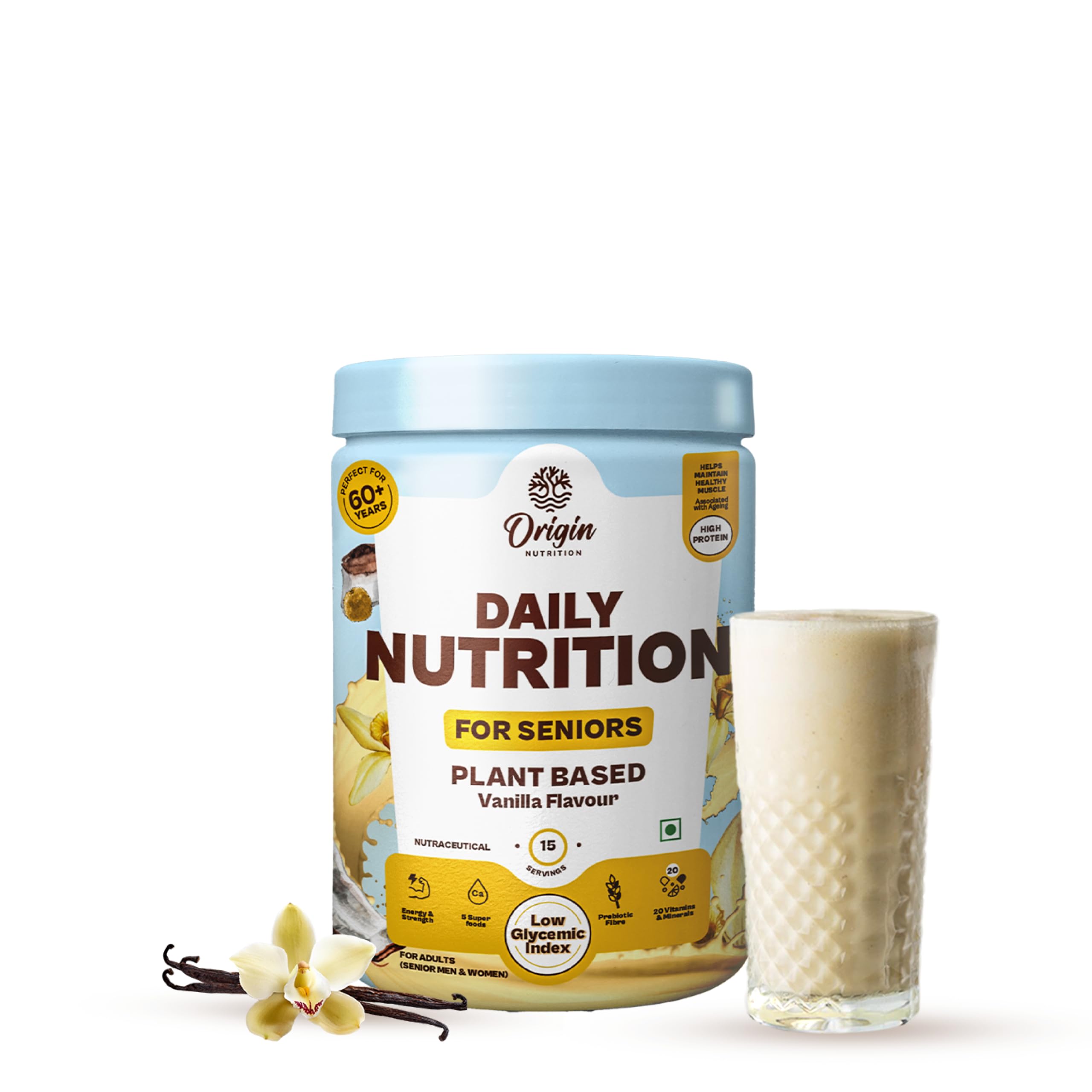 Origin Nutrition Senior Elder Adult Care Plant Based Protein Powder | Diabetic Friendly | For Healthy Ageing | 20 Vitamins & Minerals | 5 Superfoods Ayurvedic Herbs | Easy to Digest | No Preservatives | Vanilla, 300g