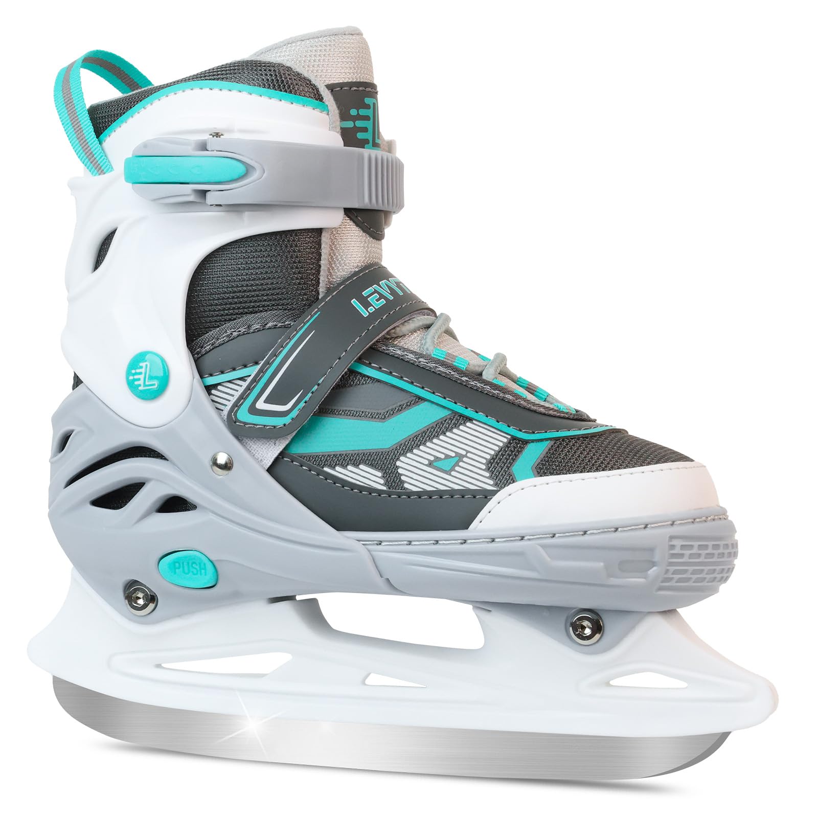 LEVYTEMP Adjustable Ice Skates for Kids Boys Girls 4 Sizes Triple Protection Beginner Figure Blades with Ankle Support for Outdoor and Ice Rink, Grey