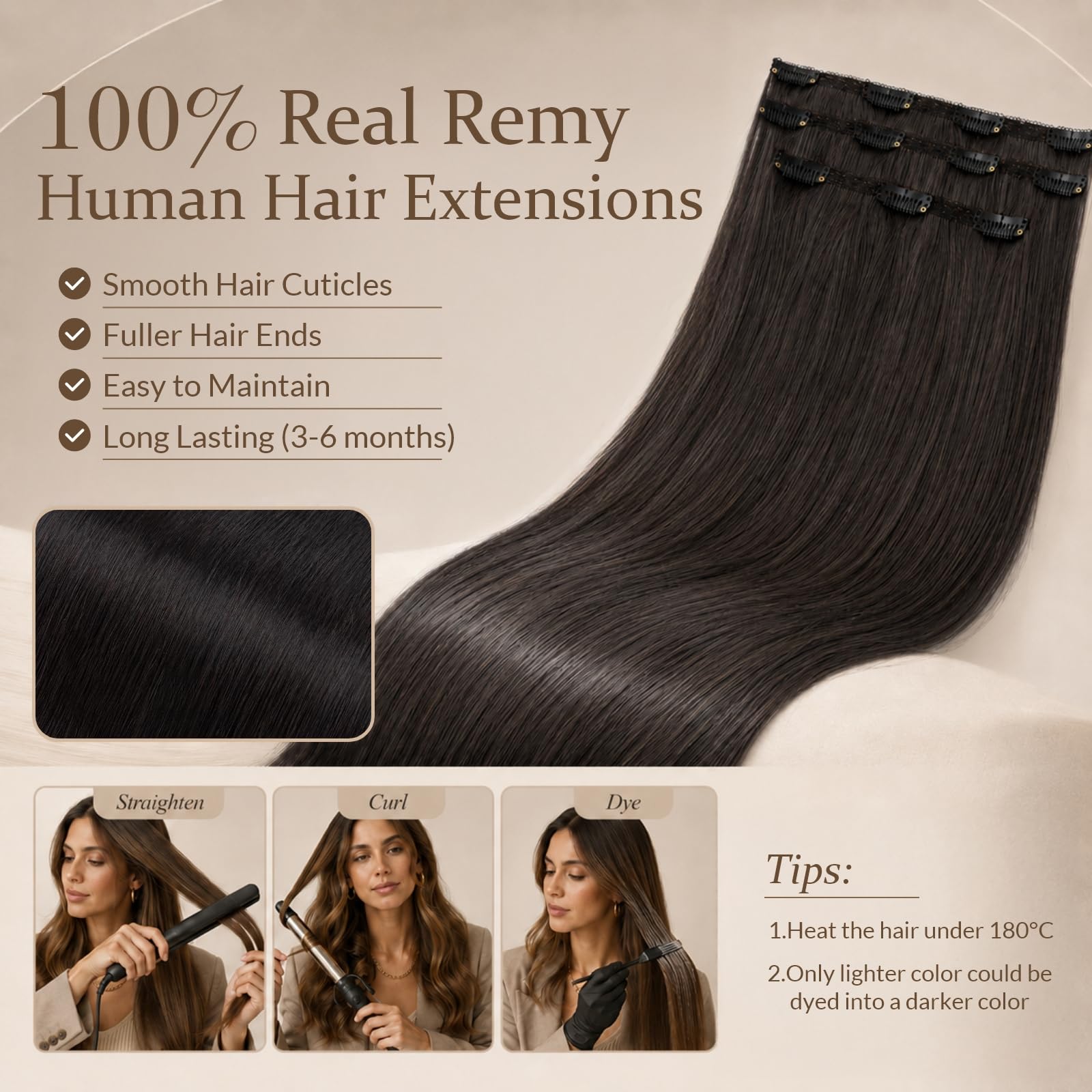 Rich Choices Clip in Extensions Echthaar 3pcs Clip in Haarextension Haarteil Haarverlängerung Echthaar Extensions Clip Remy Human Hair 55cm 86g #1B Natürliches Schwarz Extensions