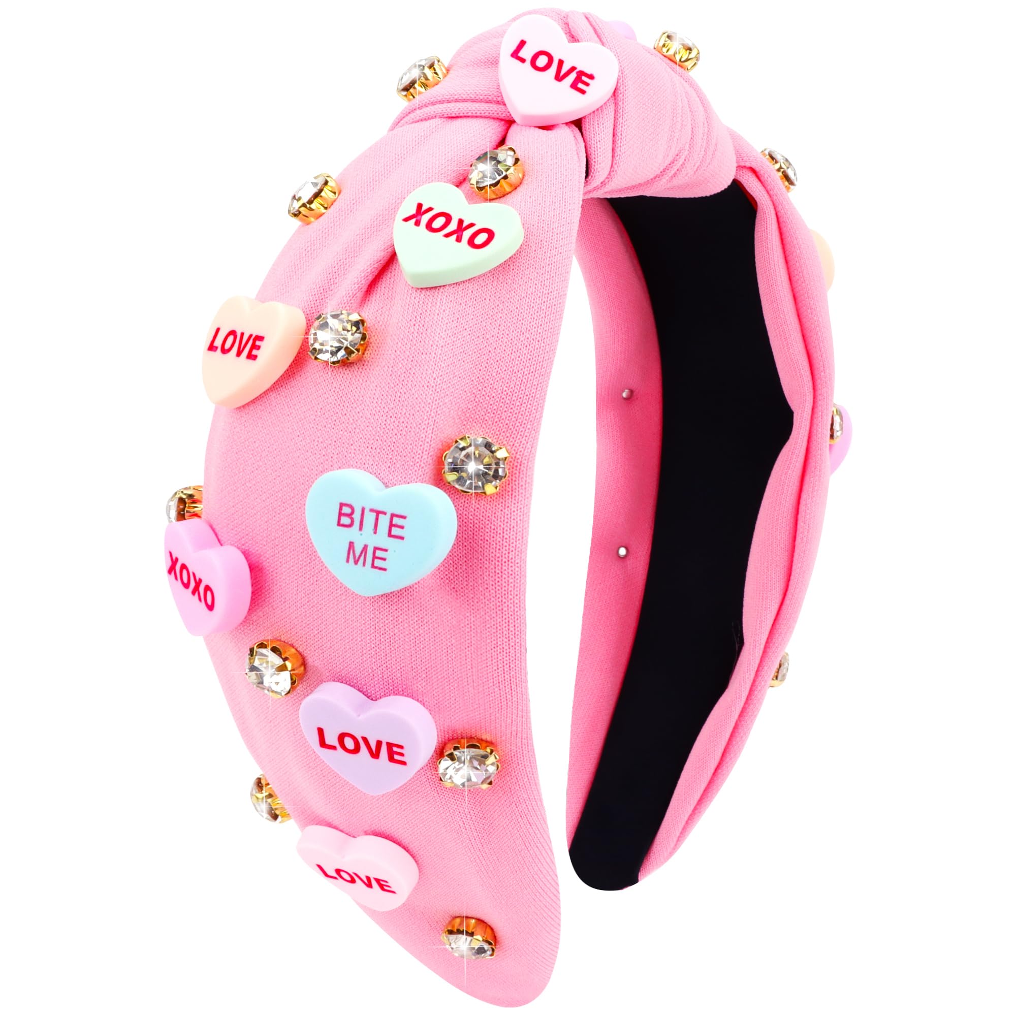 VELSCRUN Valentine Day Heart Headband - Wide Top Knot - Women & Girls - Thick & Thin Hair - Sweetheart Knotted Head Band - Jeweled Hair Band - 1 Count