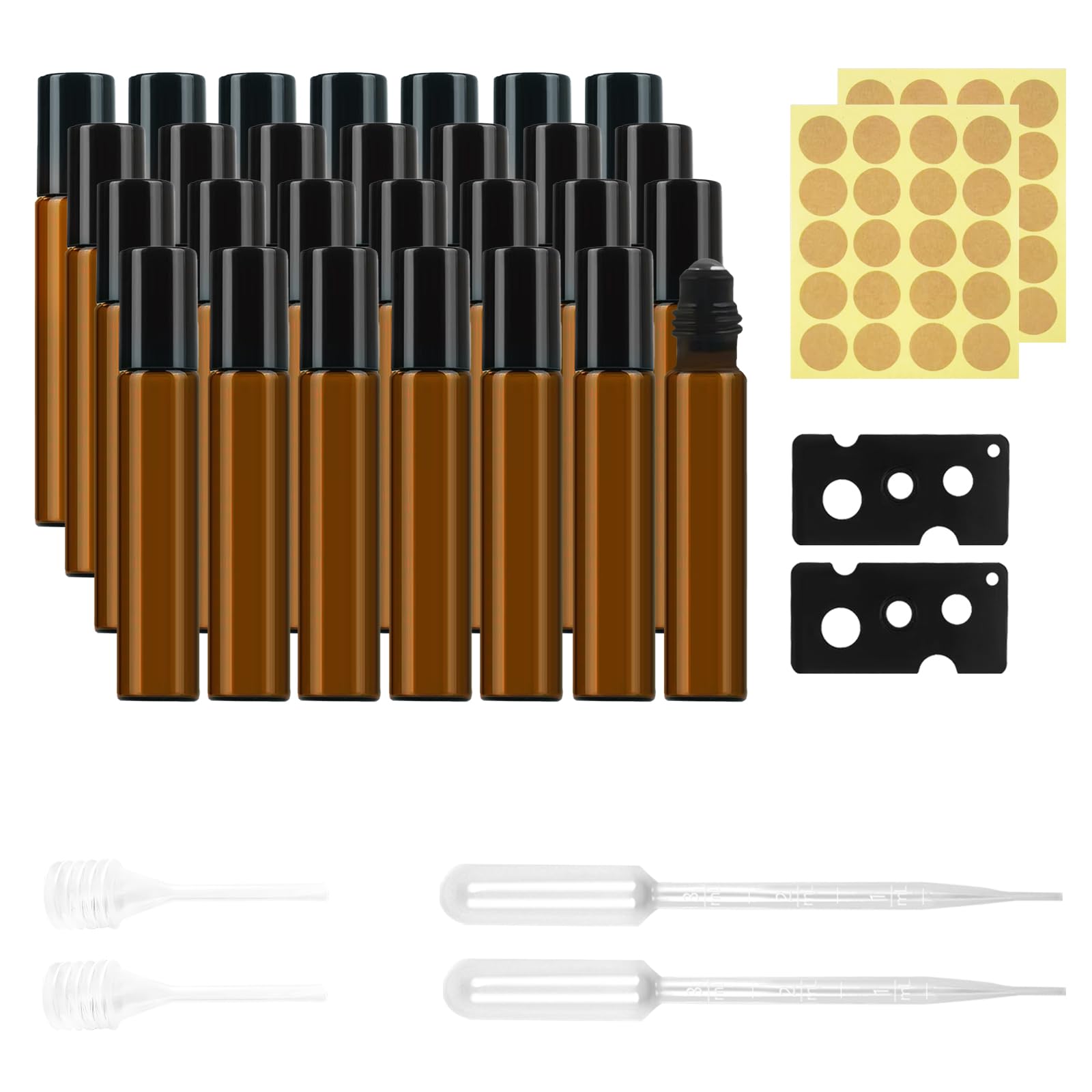 28 pezzi Roll on bottiglia vuota da 10 ml, con 40 adesivi per etichette, 2 pipette, 2 contagocce pastorizzate, 2 aperture, oli essenziali, bottiglie marroni