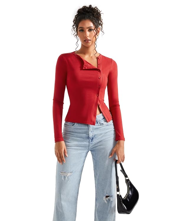 SUUKSESS Women Button Down Ribbed Modal Tops Long Sleeve Fall Fitted Going Out Shirt (Red, S) by SUUKSESS - Used condition - Image 6