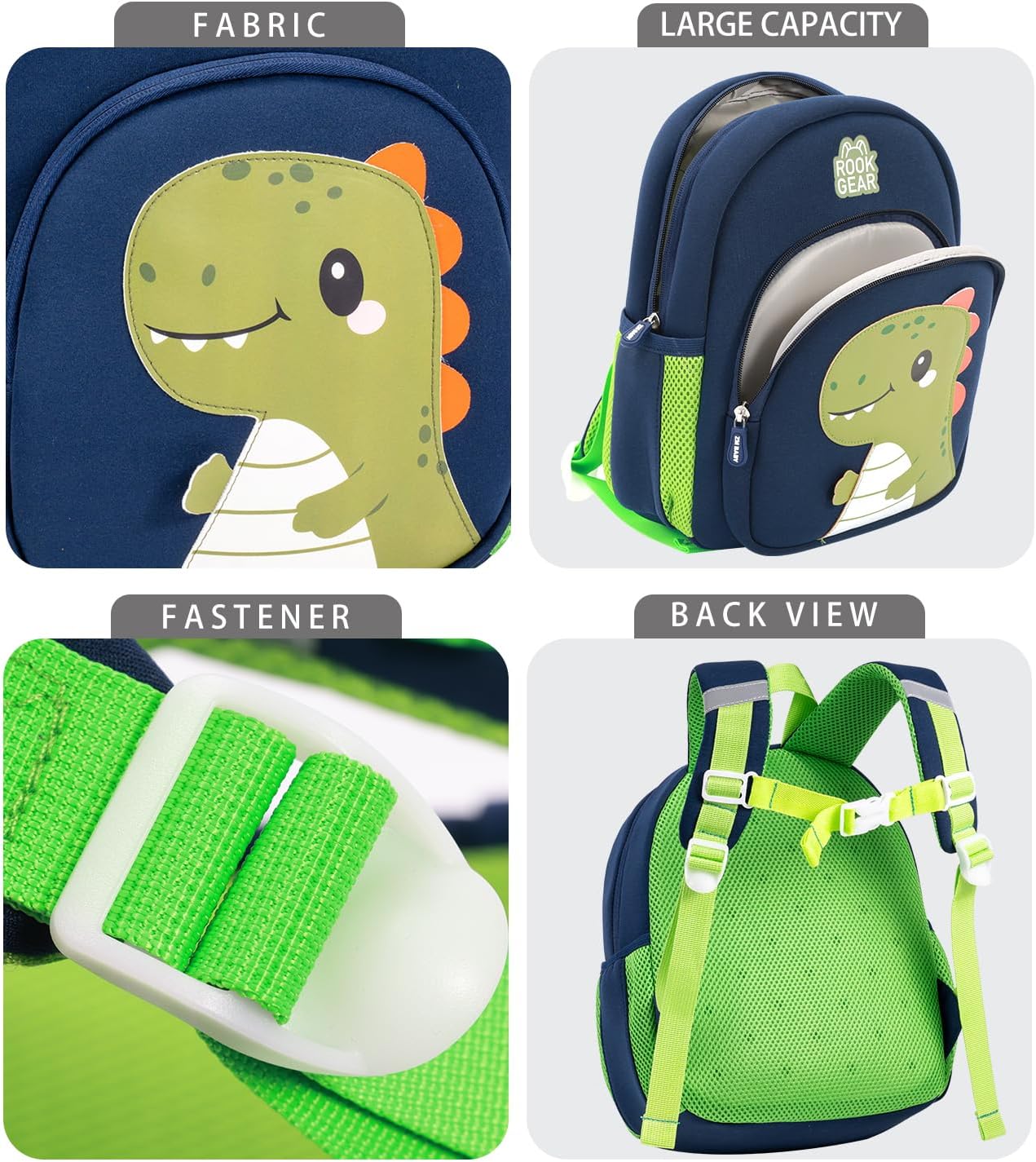 Lightweight and breathable children's dinosaur schoolbag, made of SBR diving fabric, suitable for kindergarten backpacks (black, Large) - Image 5