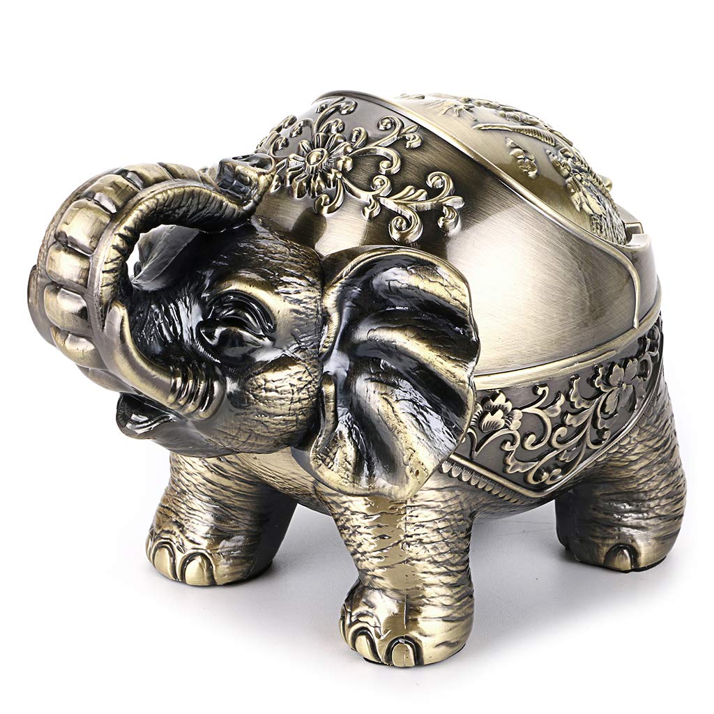 BSTKEY Cendrier coupe-vent vintage avec couvercles en forme d'éléphant rétro Bronze vert