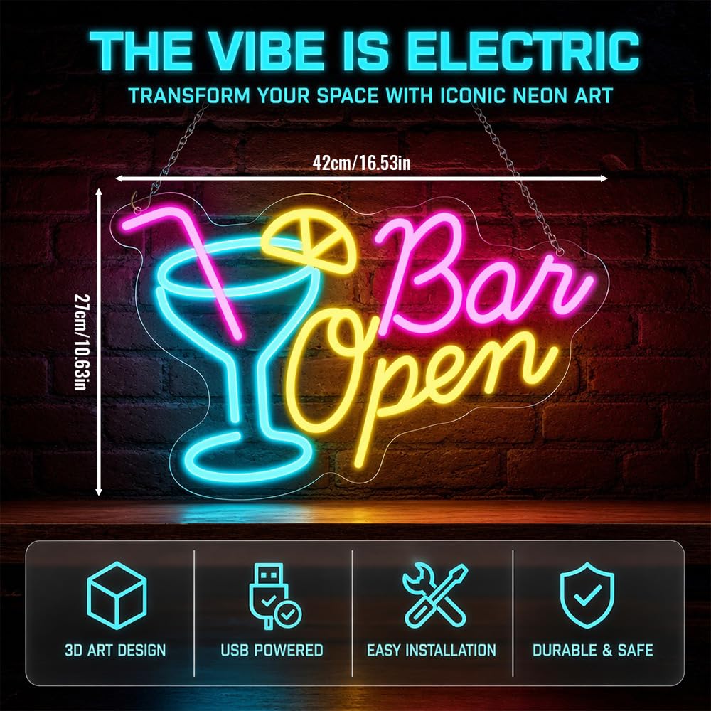 Foreverup Insegna con luce al neon aperta al bar, dimmerabile, con interruttore, 42 x 27 cm, con alimentazione USB, per pub, club, camera da letto, feste, regalo per gli amanti dei giochi di birra