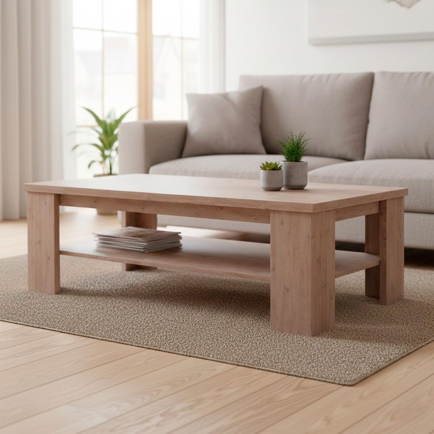 Arreditaly Tavolino Da Caffè Con Ripiano Inferiore E Vano A Giorno Tavolo Basso Moderno Design Elegante Minimal Per Soggiorno Salotto Zona Living Struttura Resistente 41 x 130 x 67 Cm (Rovere Alaska)