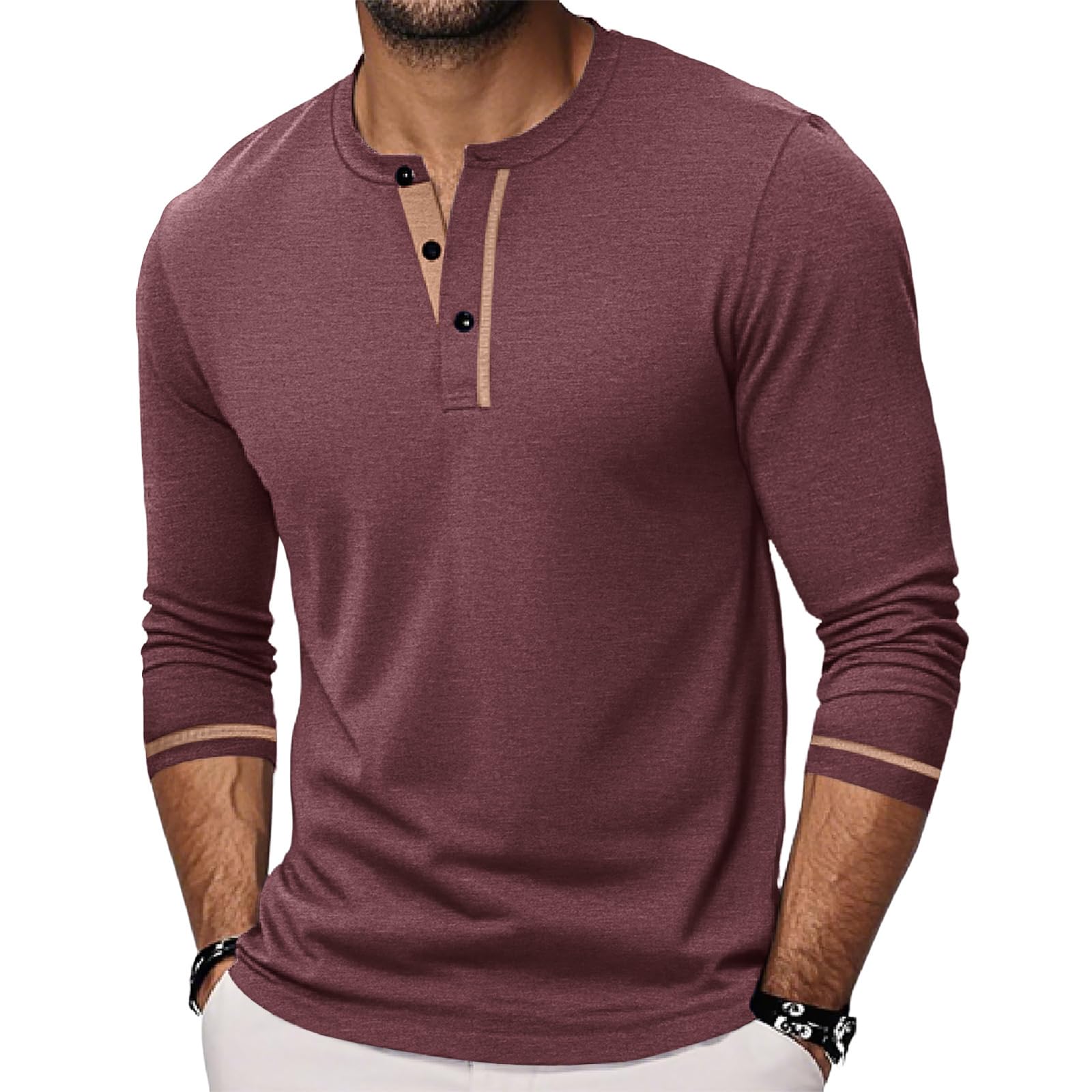 Herren Langarm Henley Shirts Lässiges Slim Fit T-Shirt für Herren Einfarbiges Oberteil mit Knöpfen