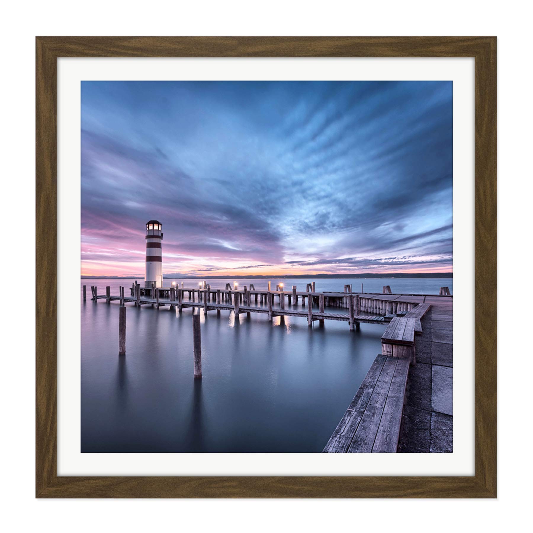 Artery8 DeSousa Lake Neusiedl Austria Sunset Lighthouse Photo Square Wooden Framed Wall Art Print Picture 16X16 Inch