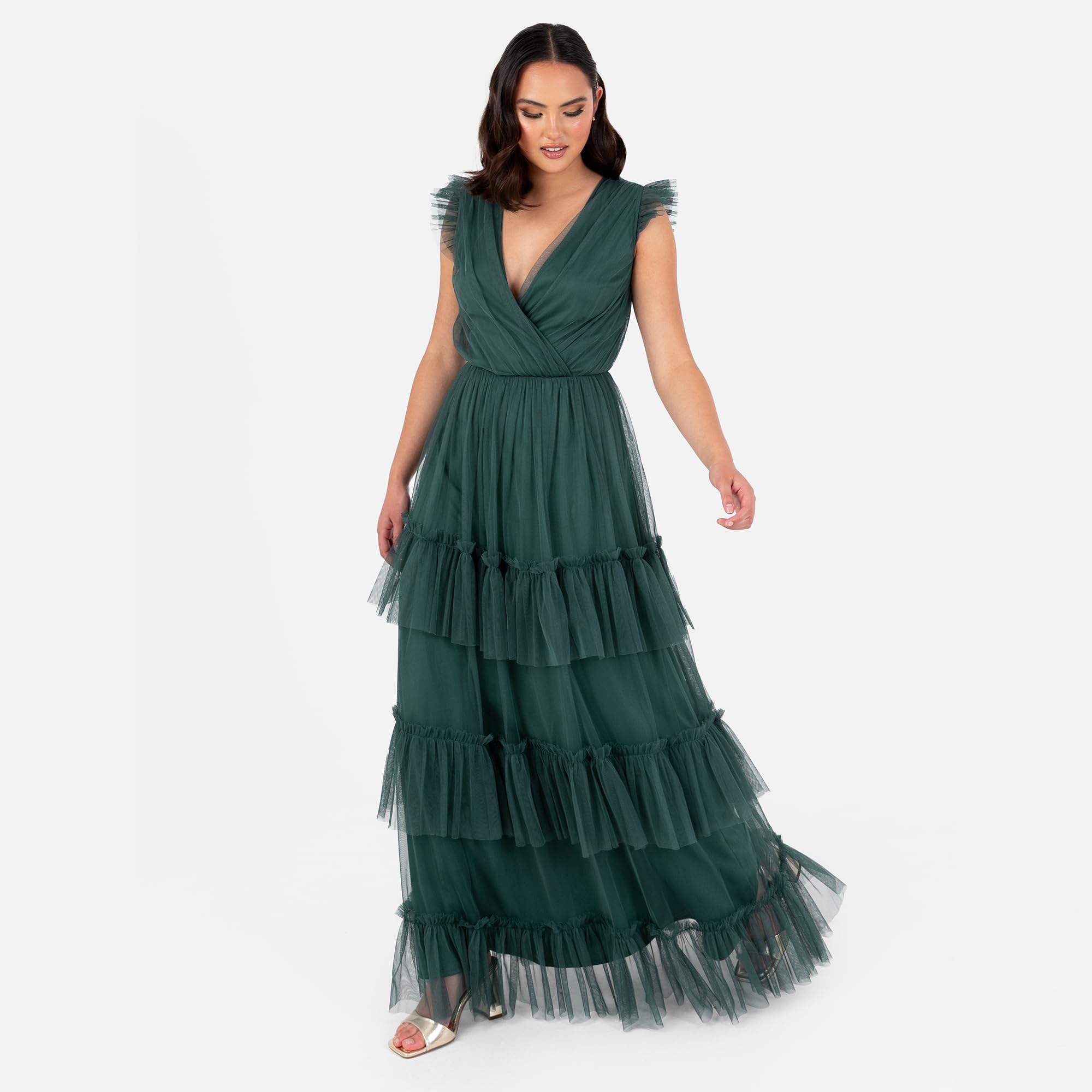 Anaya with Love Women's Maxi Dress Ladies Short Sleeve V-Neck Wrap Tiered Ruffle Tulle A-Line Wedding Guest Bridesmaid Prom Ball Gown Dress Femme (Lot de 1)