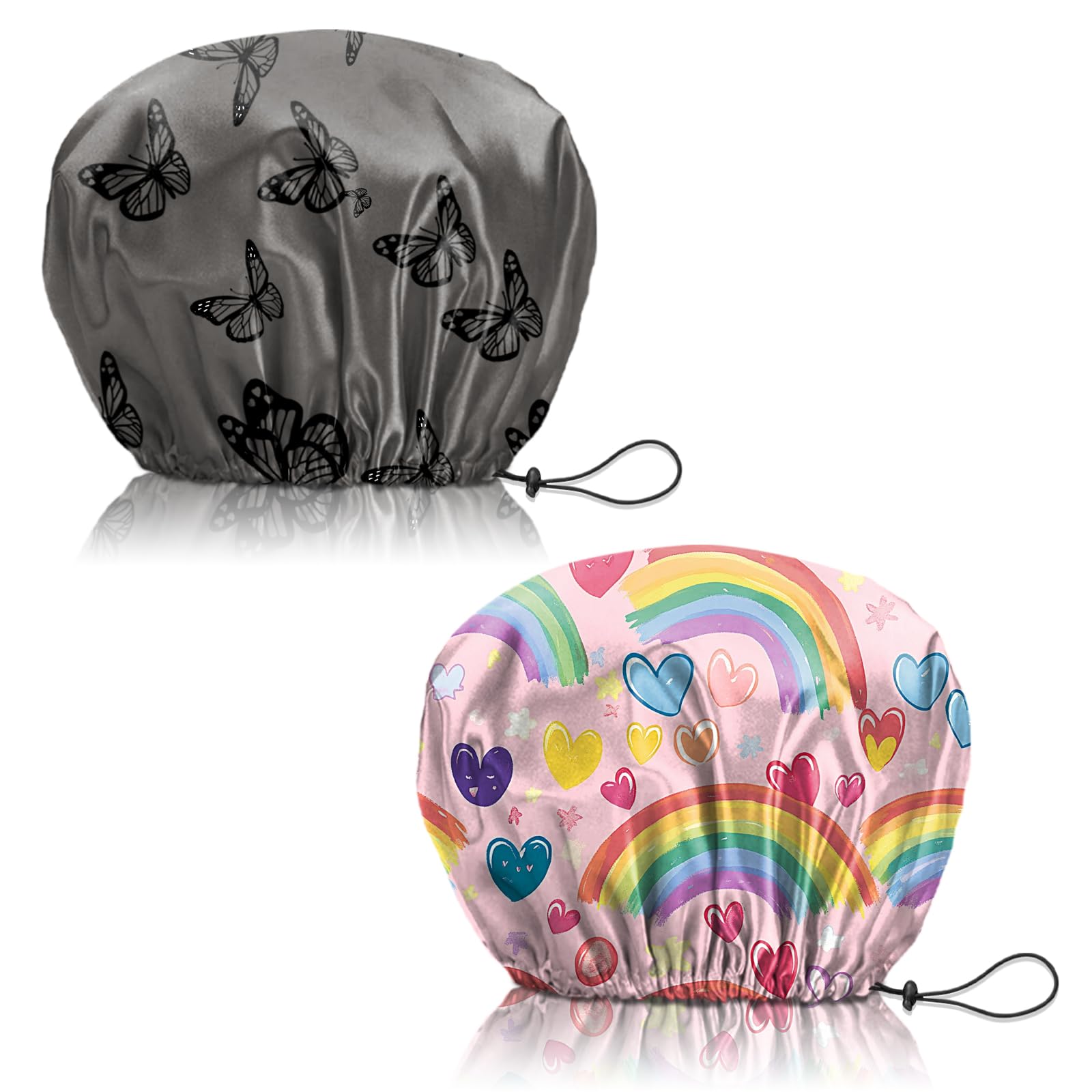Deokke 2 PCS Shower Cap Reusable Large Waterproof Adjustable Double Layer Elastic Dry Hair Bathing Caps Aesthetic Cute for Women Girls (Q10-Butterfly Rainbow)