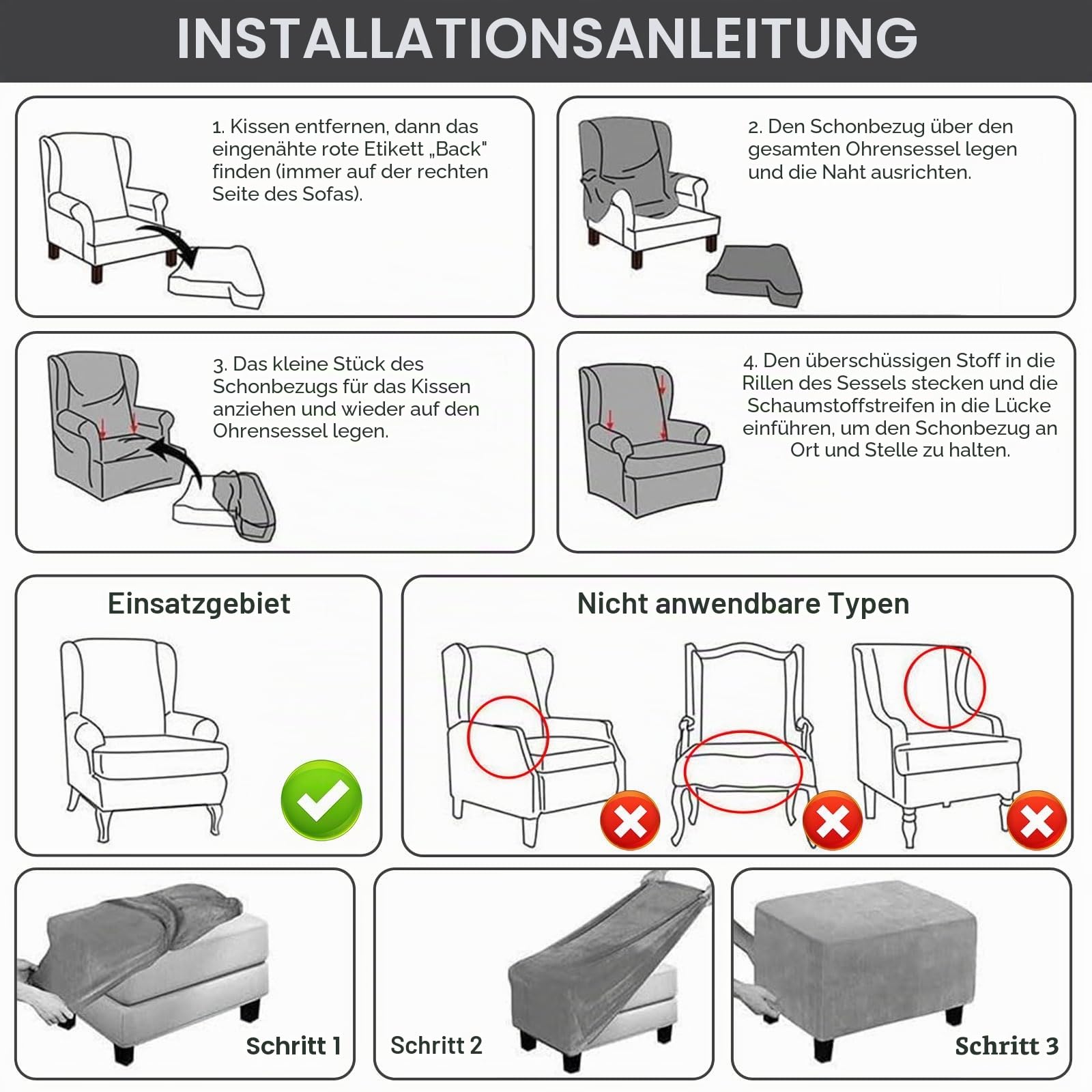 3-Teilig Samt Ohrensessel Überwurf mit Fußhockerbezug (ohne Stuhl), Stretch Samt Sesselhusse, Elastischer Schonbezug Stuhlbezug Hohe Rückenlehne für Sessel, Waschbar (Apricot Orange)