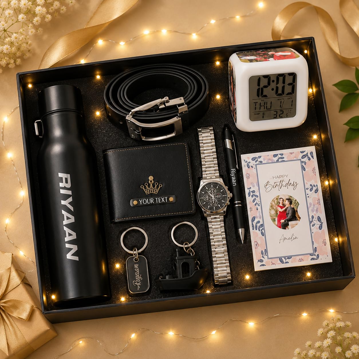 10 Gifts Hamper Personalized combo for Men with Custom Name Water Bottle, Wallet, Watch, Belt, Pen, Keychain & Greeting Card | Birthday Gift for Husband, Boyfriend, Father, Brother-image-4