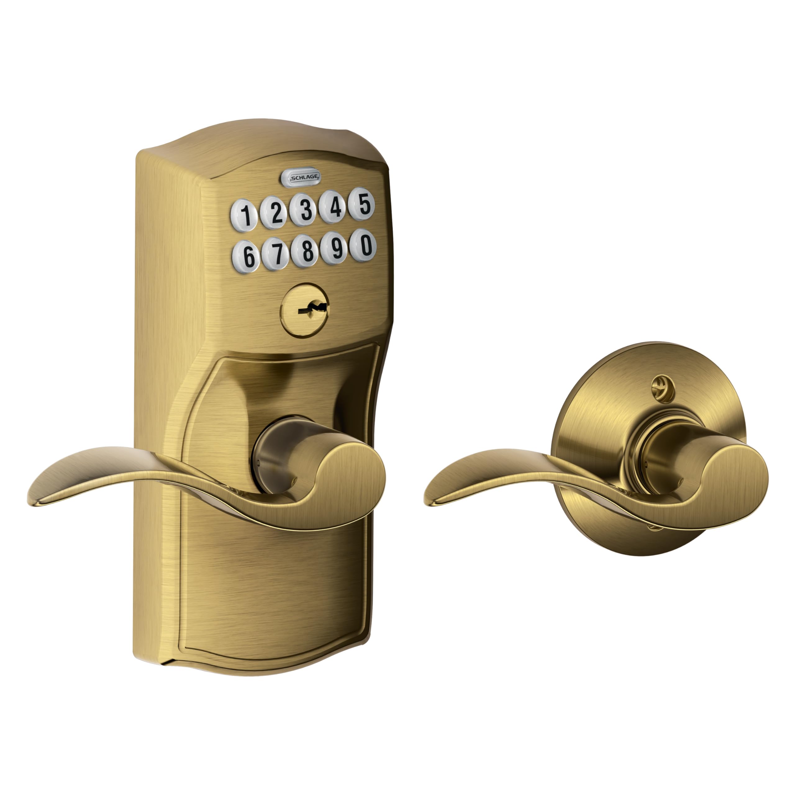 Schlage FE575 CAM 609 ACC Camelot Keypad Entry with Auto-Lock and Accent Levers, Antique Brass