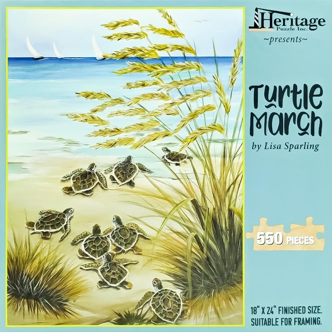 Heritage Puzzle Turtle March 550 Piece Jigsaw Puzzle by Lisa Sparling - Beach Puzzles for Adults – Baby Turtles Hatching - Size 24"x18" – Coastal Theme Beach Puzzle Made in U.S.A.